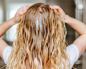 Naklejka premium A woman is washing her hair with shampoo. The hair is long and wavy. The woman is wearing a white shirt