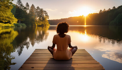 femme zen assise sur un quai en bois près d'un lac calme avec des reflets sur l'eau 