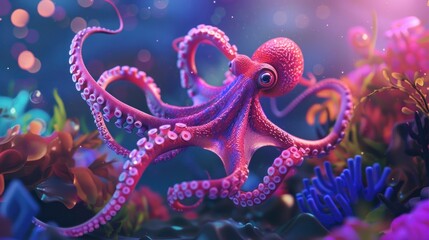 Obraz premium Pink Octopus in a Underwater Wonderland
