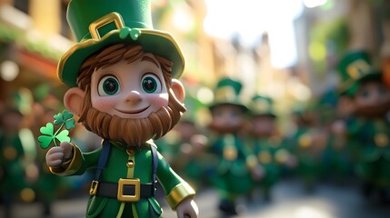 Cartoon characters participating in a St. Patrick's Day parade with green attire shamrocks and leprechauns