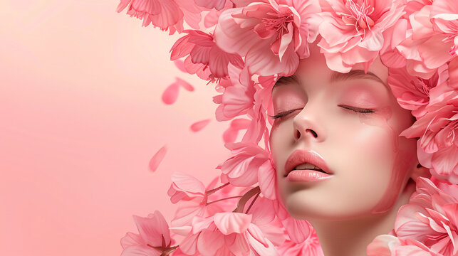 Face of young beautiful blond woman framed by pink cherry blossom. Natural beauty skin care women's day concept