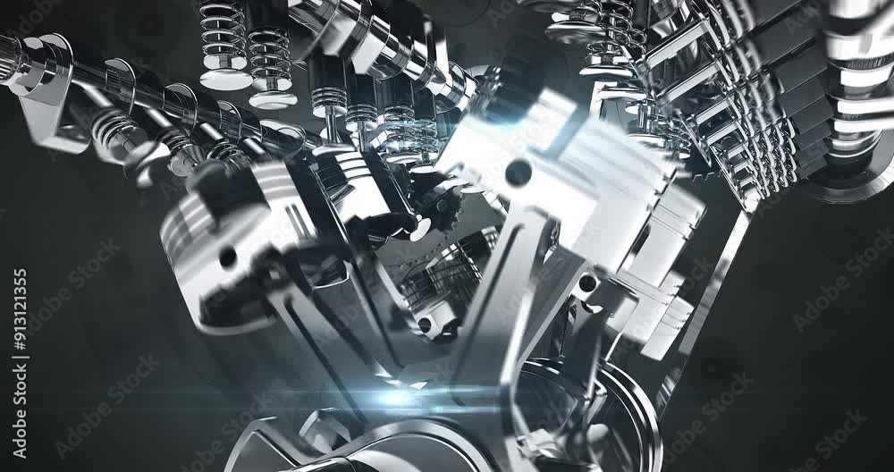 Poster Rotating 3D Shiny V8 Engine. Complete Engine Parts. Industry Related High Quality 3D 4K Animation.