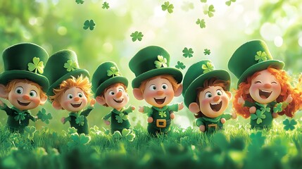 Cartoon characters participating in a St. Patrick's Day parade with green attire shamrocks and leprechauns