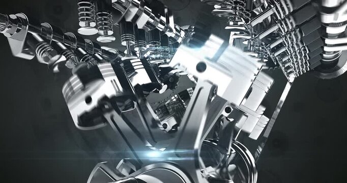 Rotating 3D Shiny V8 Engine. Complete Engine Parts. Industry Related High Quality 3D 4K Animation.