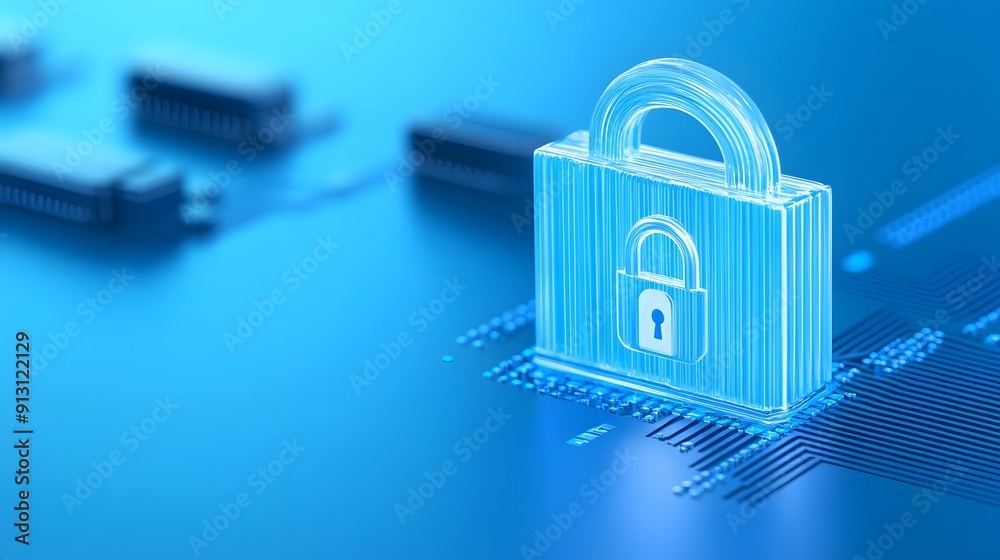 Poster secure digital concept with a lock icon on a circuit board, representing cybersecurity and data prot