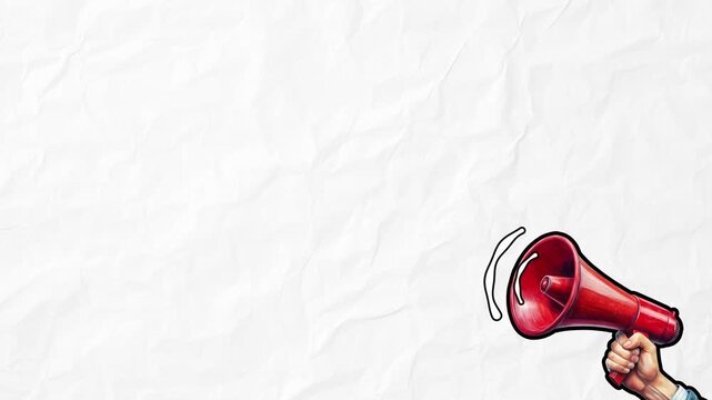 Red megaphone in male hand radiates advertising slogans on white background. Concept of discounts and sales. Stop motion animation on white paper background