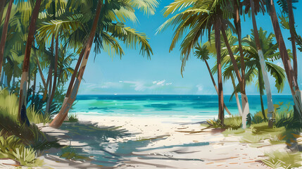 Serene Tropical Beach with Palms and Clear Blue Sky, Perfect for Relaxation and Summer Vacation, Peaceful Coastal Scene