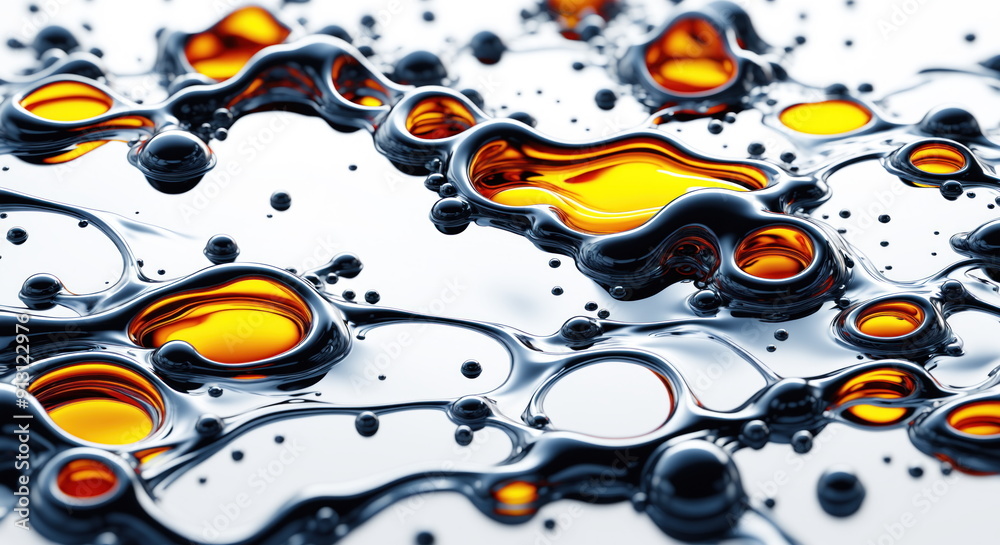 Poster golden liquid splashing and rippling on a reflective surface, creating a beautiful and dynamic patte