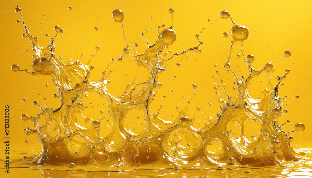 Poster golden liquid splashing on a yellow background, creating intricate patterns and droplets