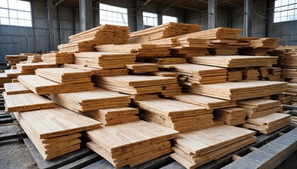 Large stack of wooden planks sits inside a warehouse, showing the lumber industrys raw materials for construction and design