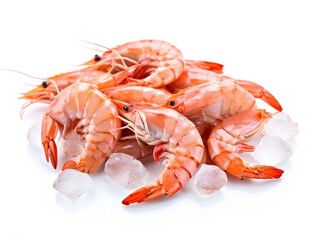 Shrimp served on ice, on a white background.  AI generated.