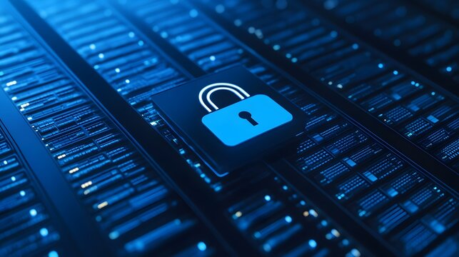 Secure server concept with a digital padlock symbolizing data protection and cybersecurity on a blue server background.