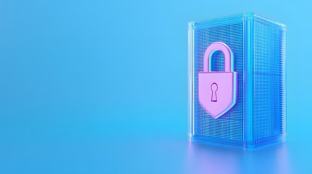 Secure server concept with a pink padlock on a data storage box against a blue background, symbolizing data protection and cybersecurity.