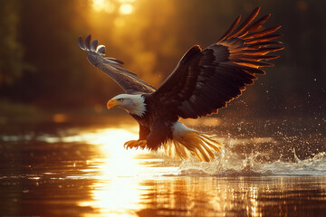 Fototapeta premium Eagle catches fish from the water, flying over the lake at sunset.