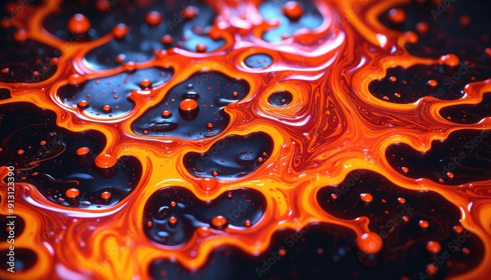 Poster a close-up macro photograph of swirling orange and black paint, creating a mesmerizing abstract desi