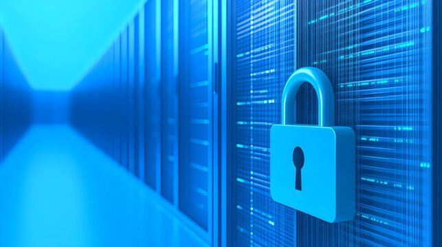 Secure server room with a padlock symbolizing data security and protection. Modern technology and cybersecurity concept.