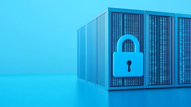 Secure server room with a padlock symbol representing data security, protection, and privacy in a modern digital environment.