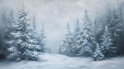 Naklejka premium Serene Winter Wonderland Landscape with Snow-Covered Pine Trees in a Misty Forest Setting