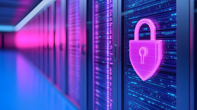 Secure server room with digital lock icon, representing data protection, cybersecurity, and information security.