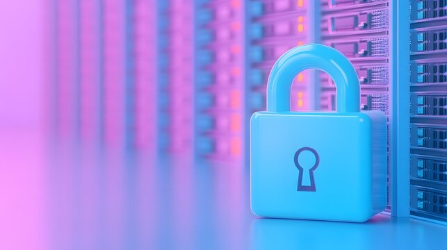 Secure server room with digital padlock, symbolizing data protection, cyber security, and information security in business technology.