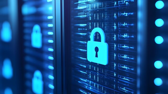 Secure server room with glowing blue lights and padlock symbol representing data protection and network security.
