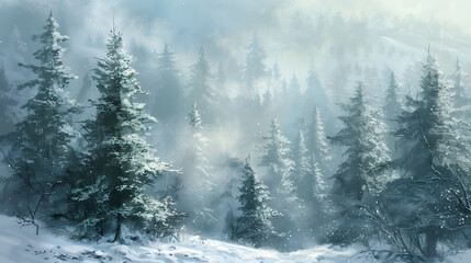 Obraz premium Serene Winter Forest with Snow Covered Trees in Misty Landscape, Tranquil Nature Scene Showcasing Frosty Pine Trees in Enchanted Winter Wonderland