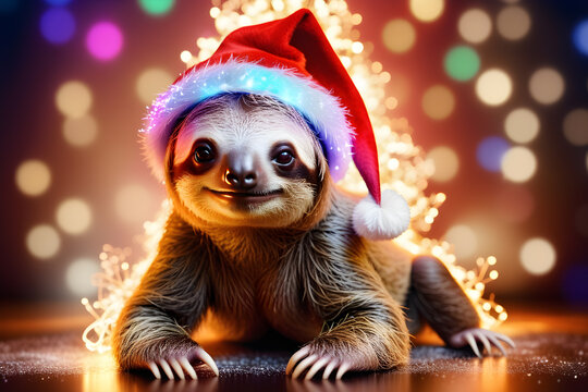 cute sloth in santa hat on new year background