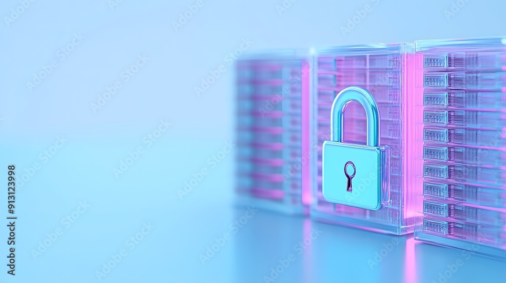Poster secure storage of data concept. database protection with padlock on server racks glowing in pink and