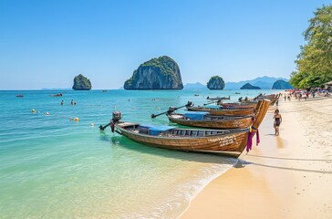 Fototapeta premium people on a beach, boats and long-tail boats at sea under a clear sky