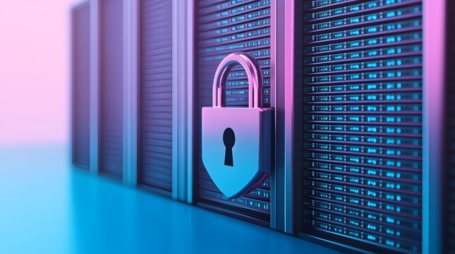 Secure server with a padlock representing cybersecurity and data protection in a technology server room.