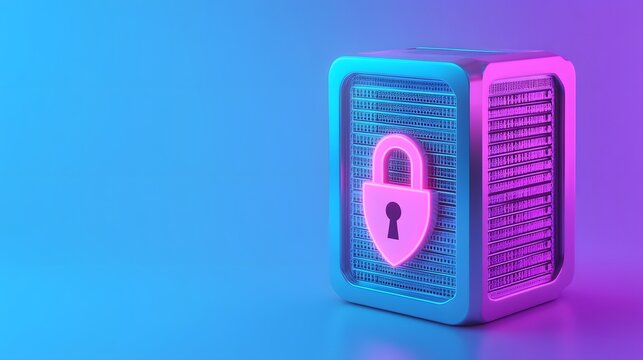 Secure server with padlock icon, illustrating data protection and cybersecurity on a neon blue and pink background.