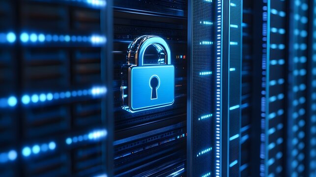 Secure server with digital padlock, representing data protection and cybersecurity in a modern data center.