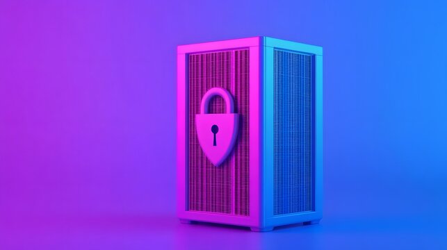 Secure server with padlock icon, representing data protection and cybersecurity in a vibrant pink and blue digital environment.