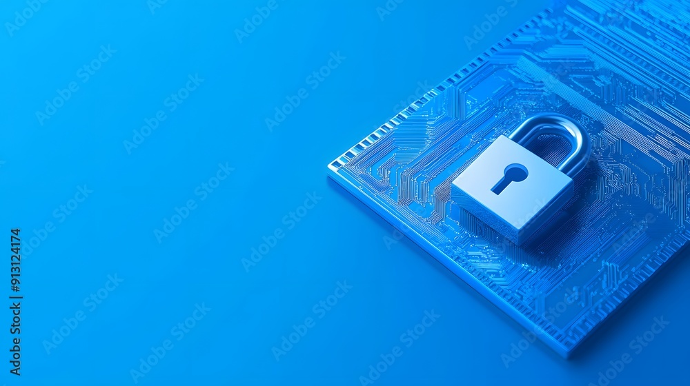 Poster security concept showing a lock on a digital circuit board, representing data protection and cyberse
