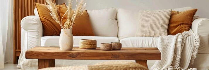 Living room interior with couch and wooden coffee table