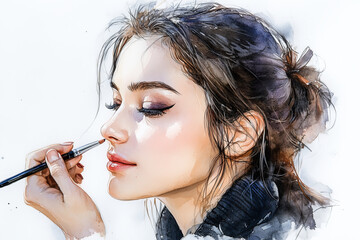 Obraz premium Watercolor painting of woman doing makeup, makeup artist