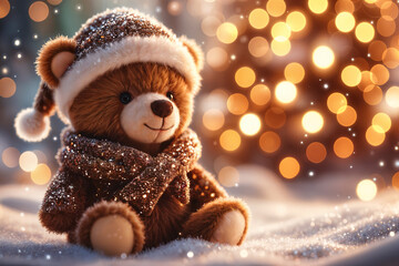 A cute brown teddy bear wearing a Santa hat and scarf, sitting on snowy ground with bokeh lights in the background.