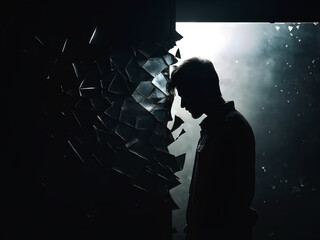 sad disappointed man banging his head against the wall, concept loneliness, separation