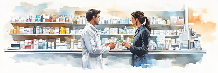 Watercolor painting of male pharmacist talking with customer in pharmacy.