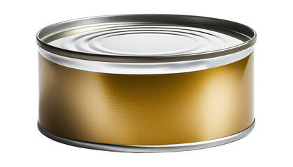 Short round gold metal tin can with sealed lid on white background cut out isolated Transparent PNG Elements