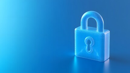 Fototapeta premium Transparent blue padlock on a blue gradient background symbolizing security, protection, and technology. Modern and minimalist design.