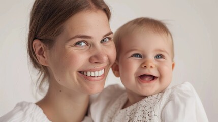 The emotional connection of a mother and her joyful baby is beautifully captured in a serene studio.