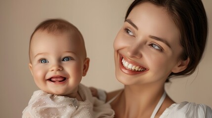 The joyful bond of a mother and her smiling baby is beautifully reflected in a light studio setting.