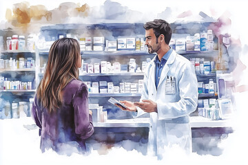 Obraz premium Watercolor painting of male pharmacist talking with customer in pharmacy.