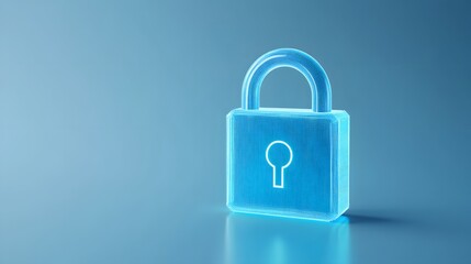 Fototapeta premium Transparent blue padlock on a gradient blue background, symbolizing security and digital protection. Ideal for cybersecurity and data privacy concepts.