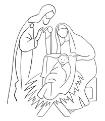 Merry christmas. Christian scene of Christ's birth, holy night. Joseph, Mary and Christ child. Vector doodle illustration for your design
