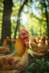 Chickens are eating in the middle of nature, chicken farm.