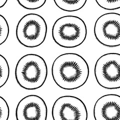 Cross-sections of kiwi fruits arranged in a uniform sequence, seamless pattern vector