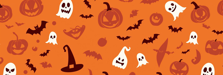 Halloween Vector Seamless Pattern with Ghosts and Pumpkins