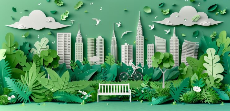 Paper art style depicting a green cityscape with lush foliage and a cyclist